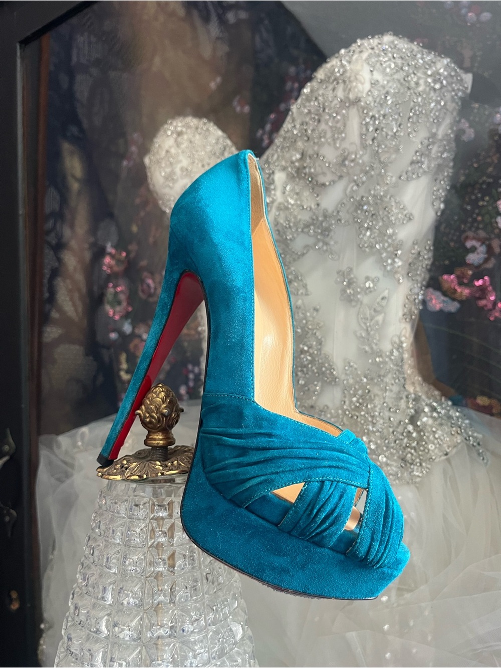 Christian Louboutin Teal Suede Platform Peep-Toe Pump Aborina 150mm 38.5